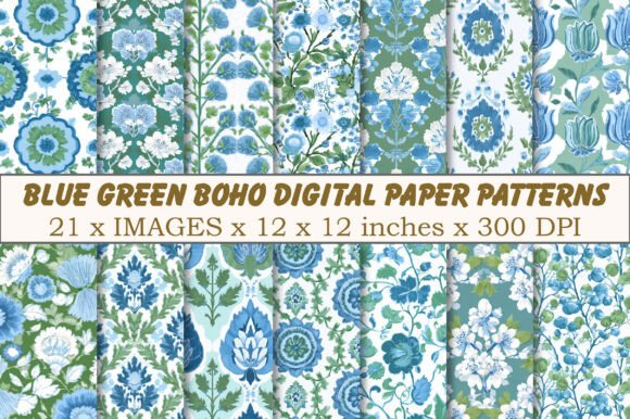 Download Boho Digital Paper Patterns Blue Green - Digital paper Collection