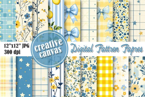 Download Blue &amp; Yellow Floral Digital Paper Bundl - Digital paper Collection